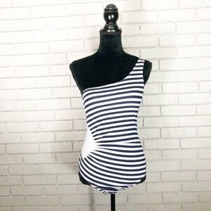 French Connection One Shoulder Striped One Piece Swimsuit Navy & White | Large